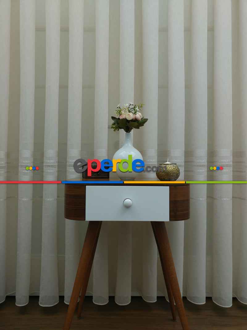 Koyu Krem - Keten Tül Perde- Krem Koyu - Kurşunlu Tül