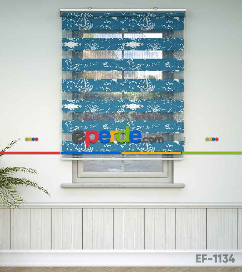 Çocuk Odası Zebra Perde - Gemi Baskılı Zebra Perde- Mavi-Beyaz