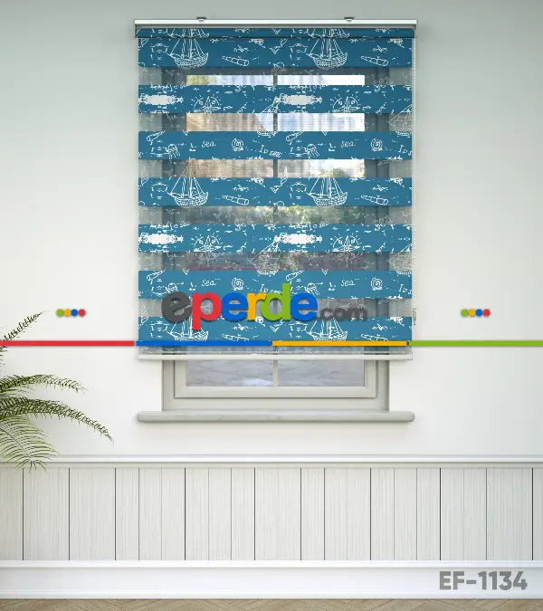 Bebek Odası Zebra Perde - Gemi Baskılı Zebra Perde- Mavi-Beyaz