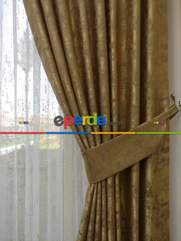 Patine Desenli Sütlü Kahve - Katyonik Jakar Fon Perde- Sütlü Kahve