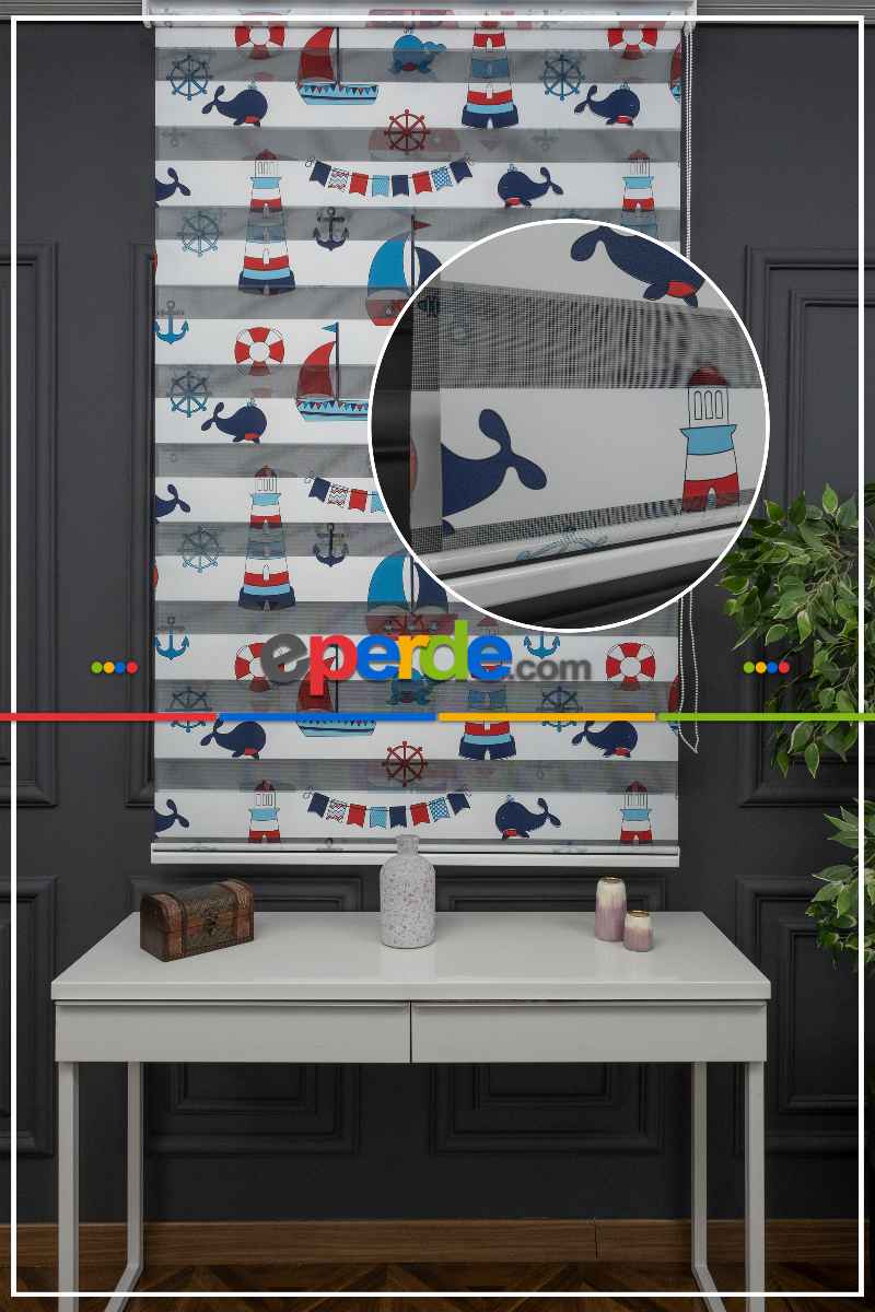 Erkek Çocuk Odası zebra Perde - Çapa Gemici Denizci Desenli Baskılı Zebra Perde - Mavi Lacivert