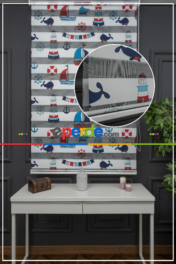 Erkek Çocuk Odası zebra Perde - Çapa Gemici Denizci Desenli Baskılı Zebra Perde - Mavi Lacivert