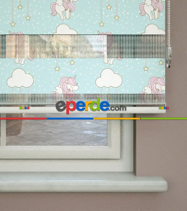 Unicorn Desenli Baskılı Zebra Perde- Çok Renkli