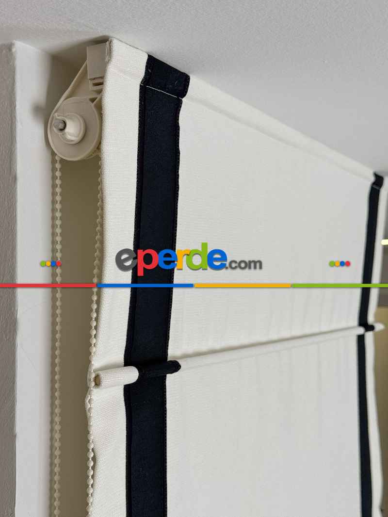 Krem Naturel Keten Siyah Biyeli Katlamalı Perde