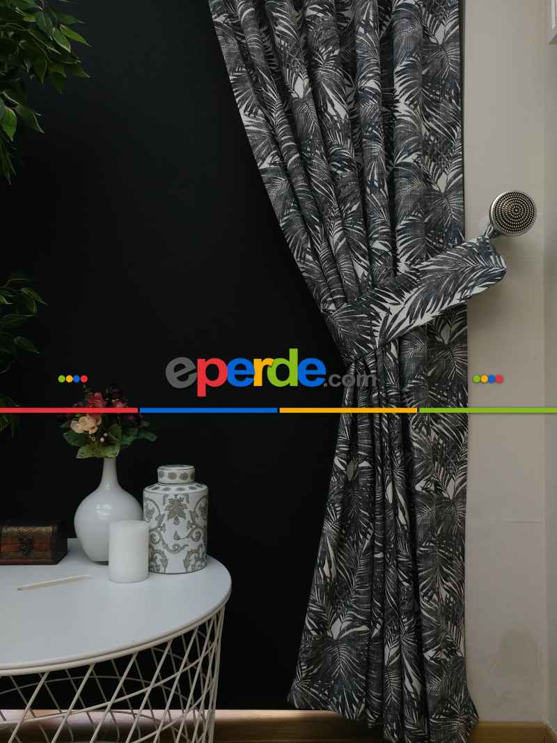 Tropikal Yaprak Desenli Fon Perde(leke Tutmaz)- Siyah-beyaz