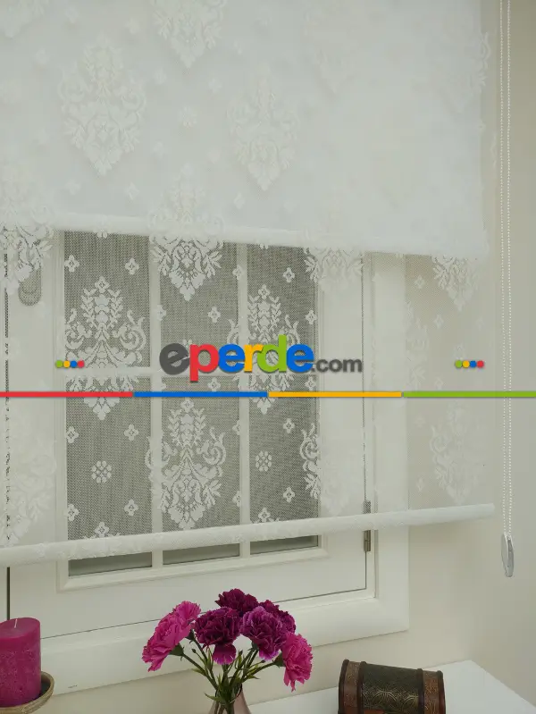 Jakar Örme Tül- Ekru Çiftli Sistem Dantel Desenli Perde- Ekru