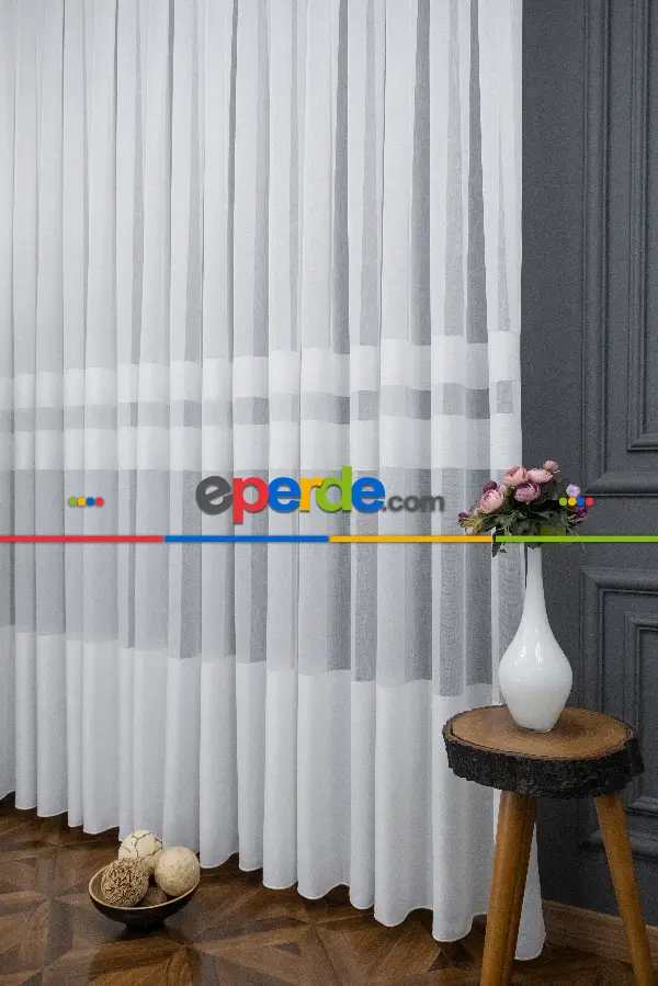 Genç Odası - Modern Bantlı Beyaz Tül - Yüksek Kalite Tül - Enine Çizgili