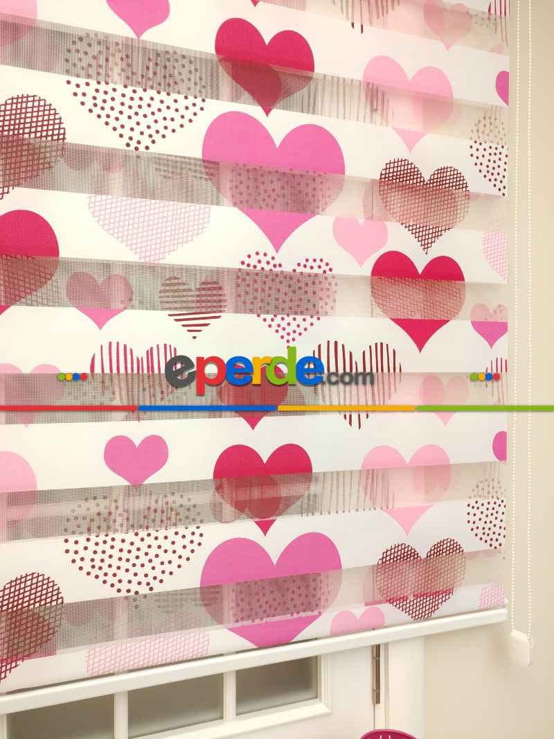 Zebra Perde- Kalp Baskılı Zebra Perde- Pembe
