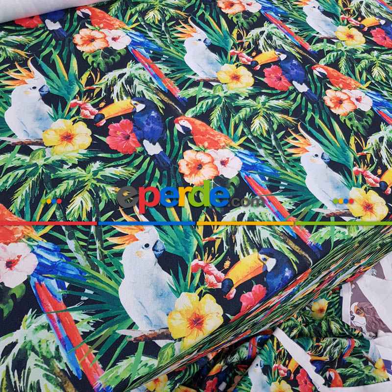 Tropikal Desenli Fon Perde K498 T - Kumaşı Kalındır Duck Bezi Değildir.- Yeşil-Çok Renkli