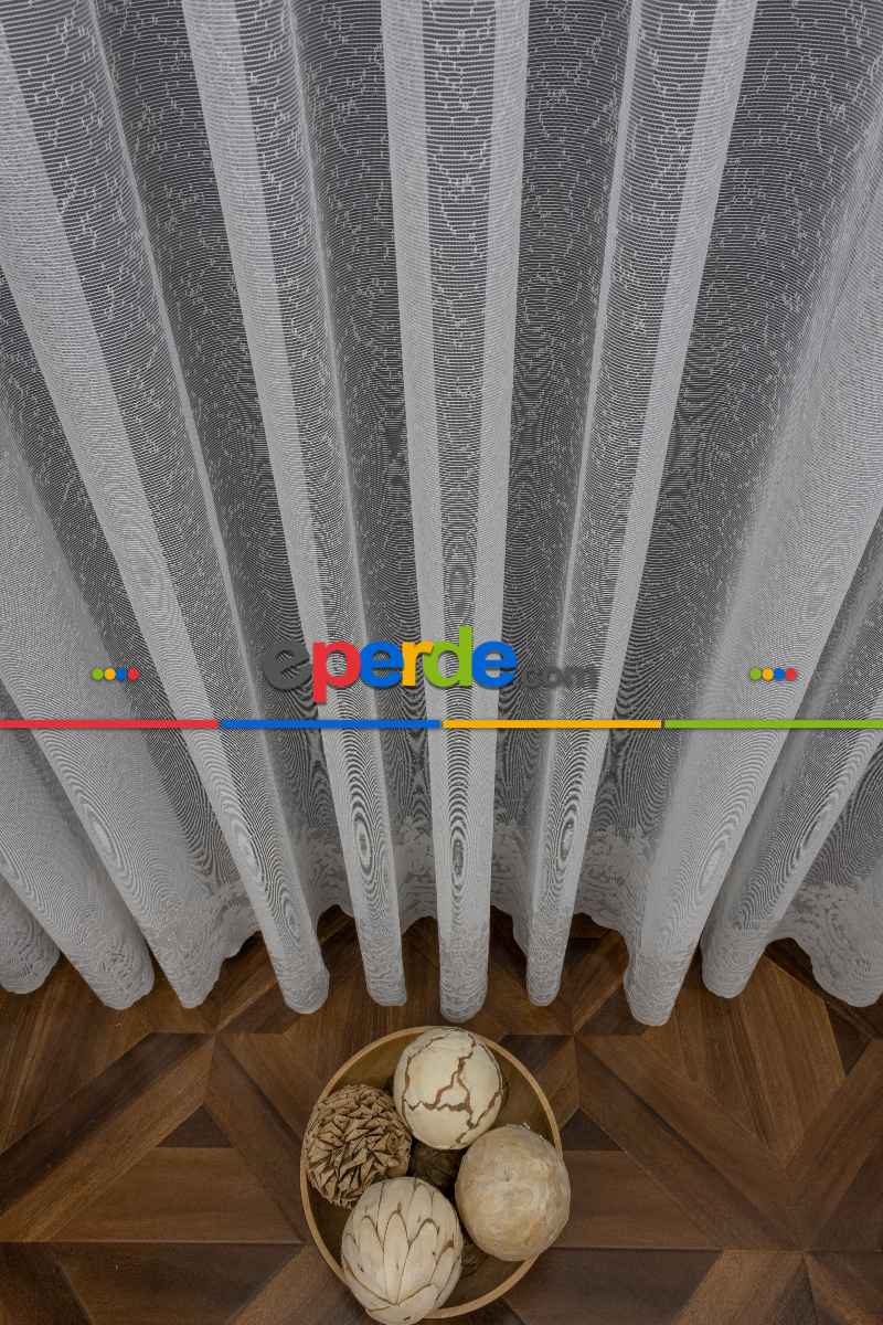 Oturma Odası - Etek Ucu Damask Desenli Örme Tül - Ekru