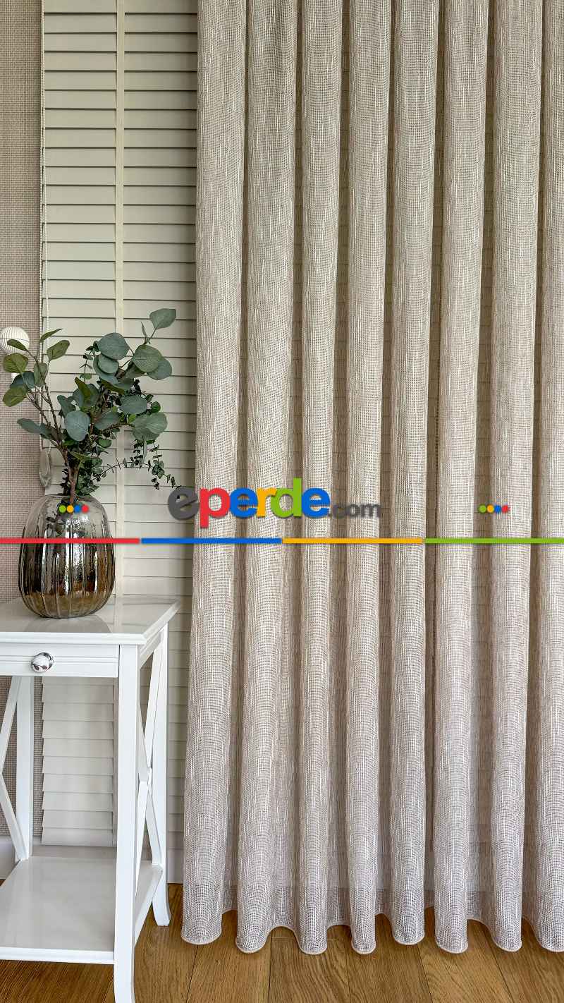 Genç Odası Bej Keten Gümüş Simli Tül Perde - Ağır Gramajlı Premium