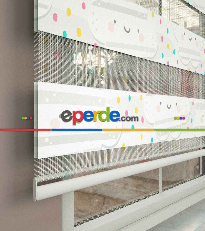 Bulut Desenli Baskılı Zebra Perde- Çok Renkli