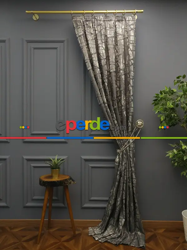 Modern Desenli Jakarlı Fon Perde Yeni Seri 101- Bej-füme-gri Açık