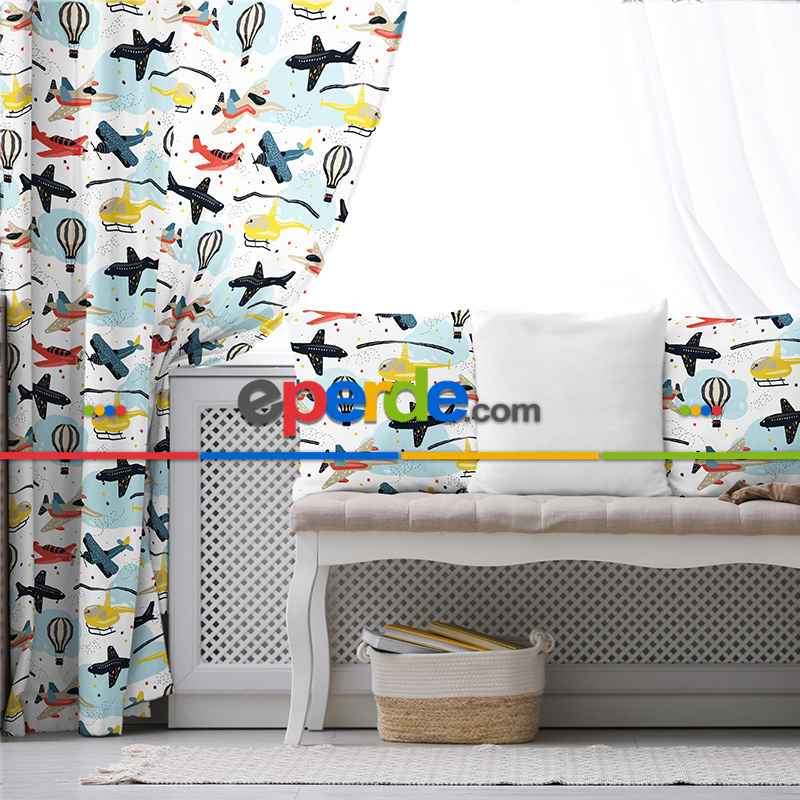 Çocuk Odası - Uçan Araçlar Fon Perde Evim801 Kumaşı Kalındır Duck Bezi Değildir- Mavi-beyaz