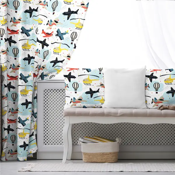Uçan Araçlar Fon Perde Evim801 Kumaşı Kalındır Duck Bezi Değildir- Mavi-beyaz
