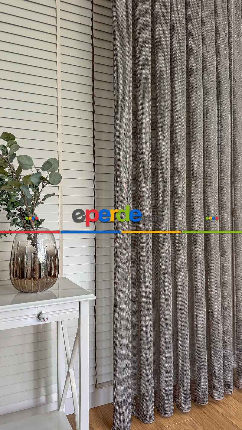 Kahverengi Keten Gümüş Simli Tül Perde - Ağır Gramajlı Premium