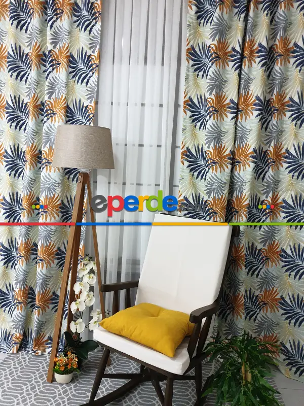 Mutfak Perdesi Kanat Fon Perde Yaprak Desenli- Siyah