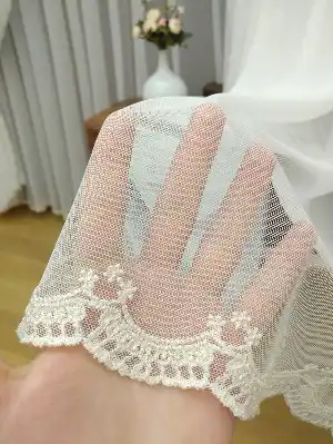 Fansız Dantel Tül Perde Etek Ucu Nakış (güpür) İşlemeli -hazır Dikili Sık Pile- Bej-Ekru