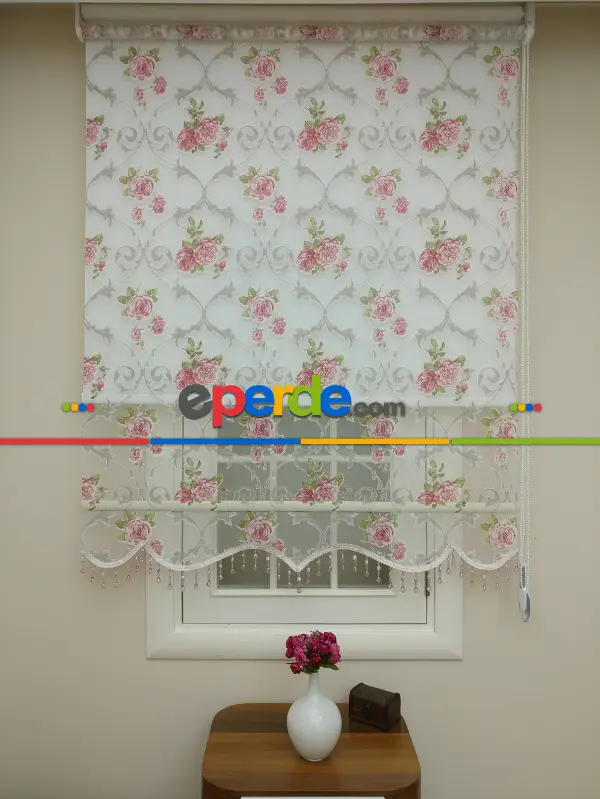 Pembe Çiçek Desenli Çiftli Sistem Tül Stor Perde- Pembe