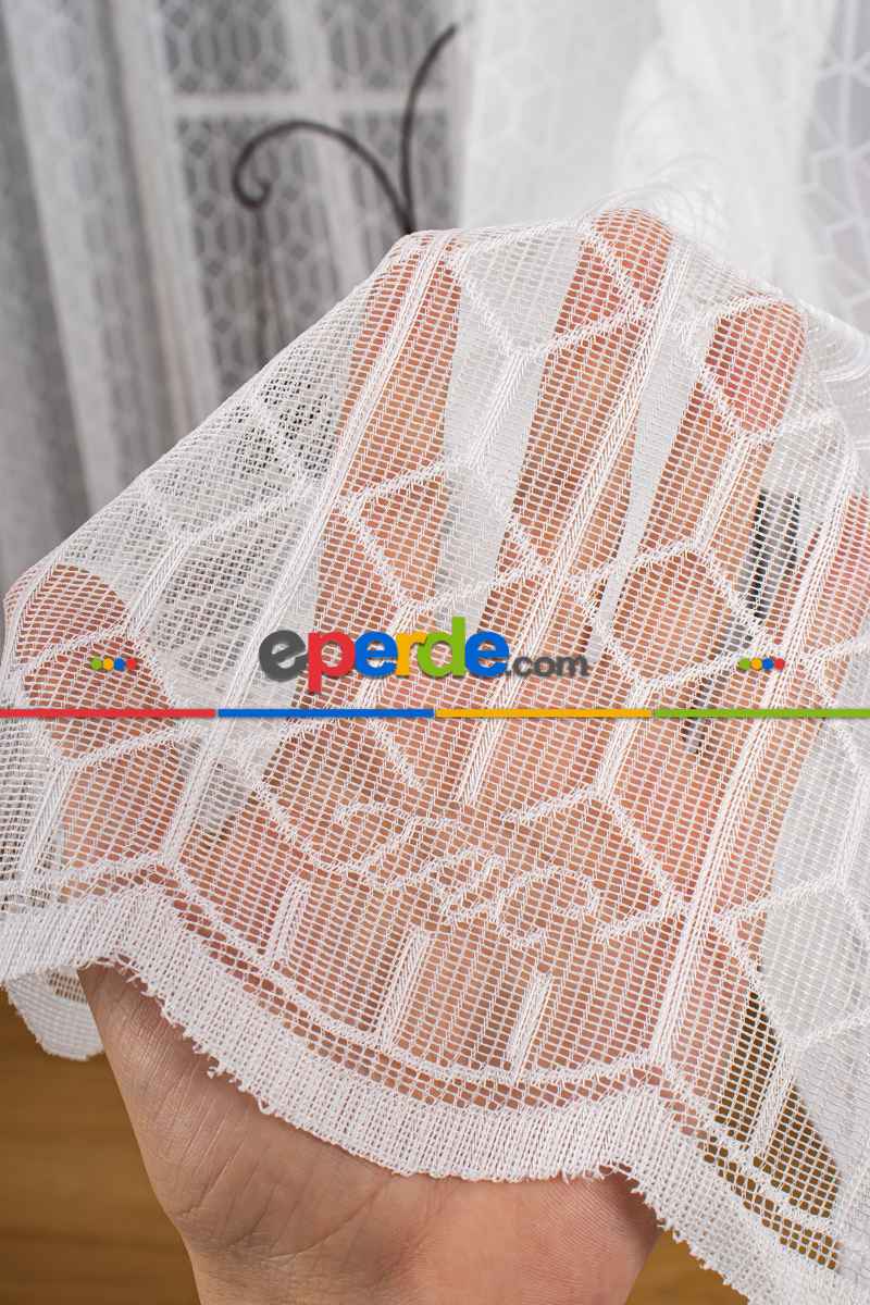 Salon - Taç Fransız Dantel Örme Tül Perde - Ekru