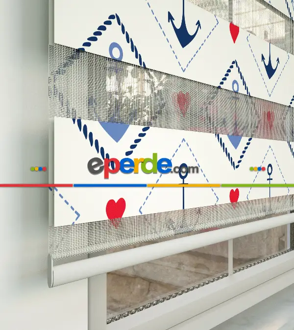 Çapa Ve Kalp Desen Baskılı Zebra Perde- Lacivert-mavi-kırmızı