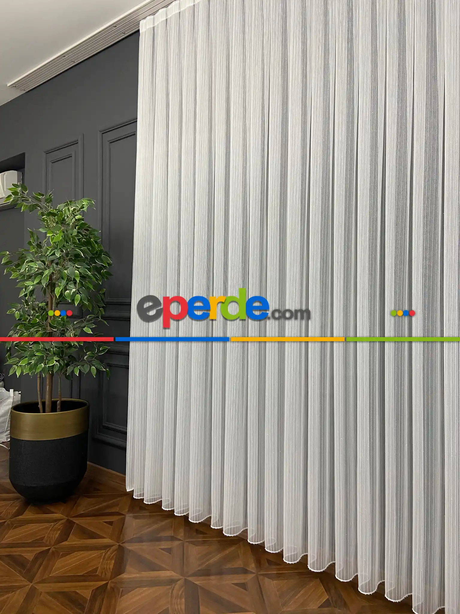 Salon Keten Zemin Çizgili Tül- Beyaz-Krem Açık-Ekru