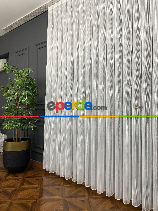 Panorama Keten Zemin Çizgili Tül- Ekru - Kurşunlu Tül