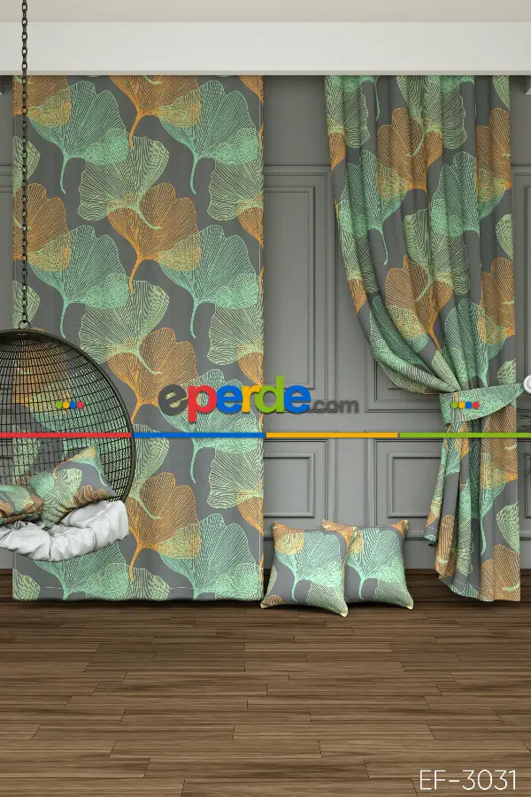 Yatak Odası - Dökümlü Kumaştan Tropikal Çizgili Yaprak Desenli Baskılı Fon Perde- Yeşil-Gri-Füme-Antrasit-Turuncu