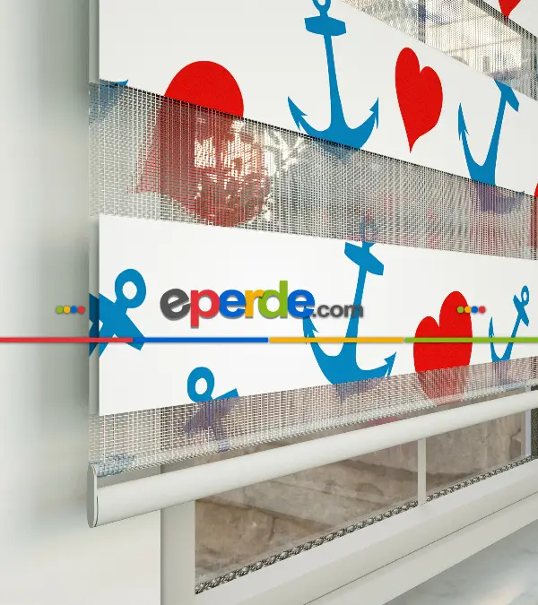 Bebek Odası Zebra Perde - Kalp Ve Çapa Baskılı Zebra Perde- Mavi-Kırmızı-Beyaz