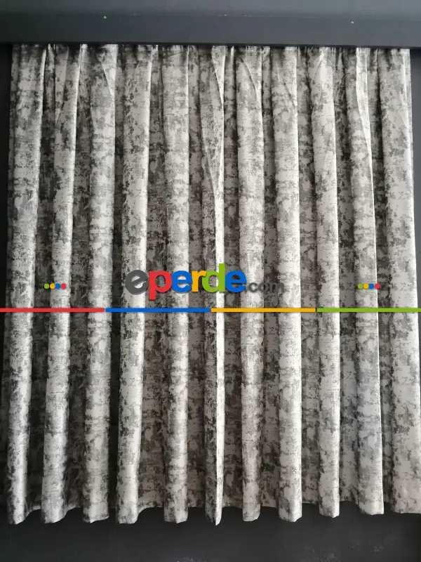 Salon - Patine Desenli Gri Desenli Jakar Fon Perde - Gri-füme-antrasit