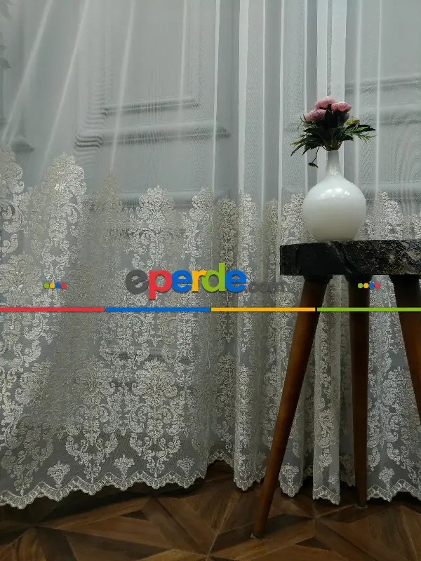 Salon Tül Perde - Eteği Duble Nakış İşlemeli Tül Perde Ikon 2021- Krem