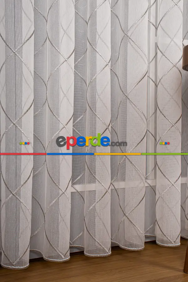 Salon Tül - Geometi Nakış Işlemeli Tül Perde Ekru - Gümüş Simli