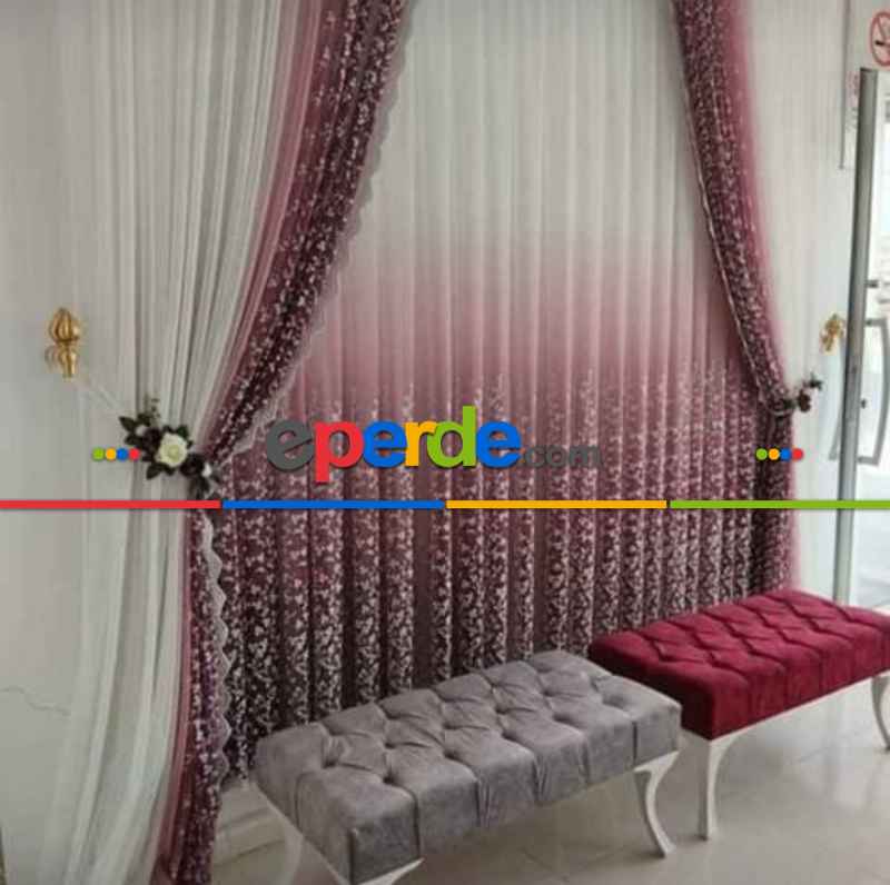 Salon Tül - Degrade İşlemeli Tül Ve Fon Takım Mürdüm