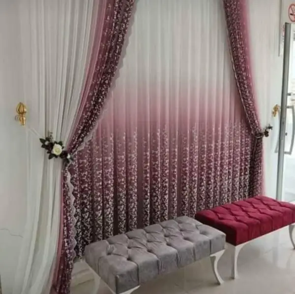 Salon Tül - Degrade İşlemeli Tül Ve Fon Takım Mürdüm