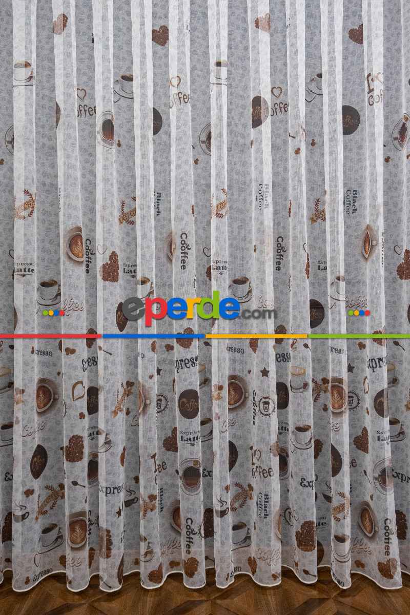 Mutfak Perdesi Kahve Fincan Desenli Tasarım Desen Model Kafe Tül Perdesi - Kurşunlu Tül