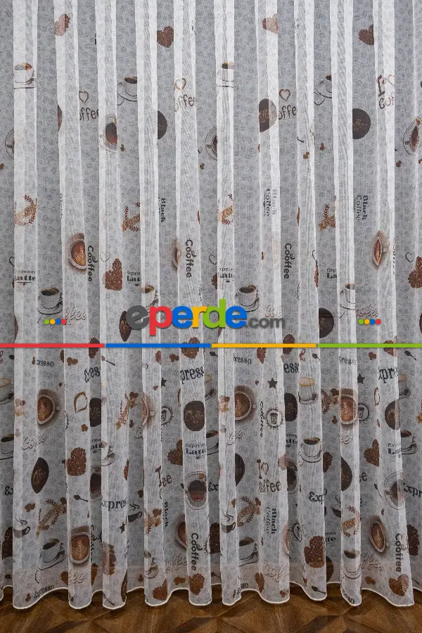 Mutfak Perdesi Kahve Fincan Desenli Tasarım Desen Model Kafe Tül Perdesi - Kurşunlu Tül