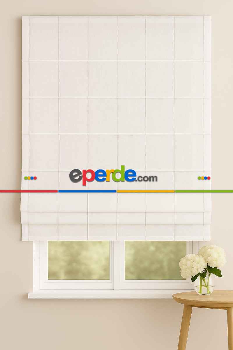 "katlamalı Tül Perde – Beyaz Keten Kenarı Şeritli Mekanizmalı Perde "