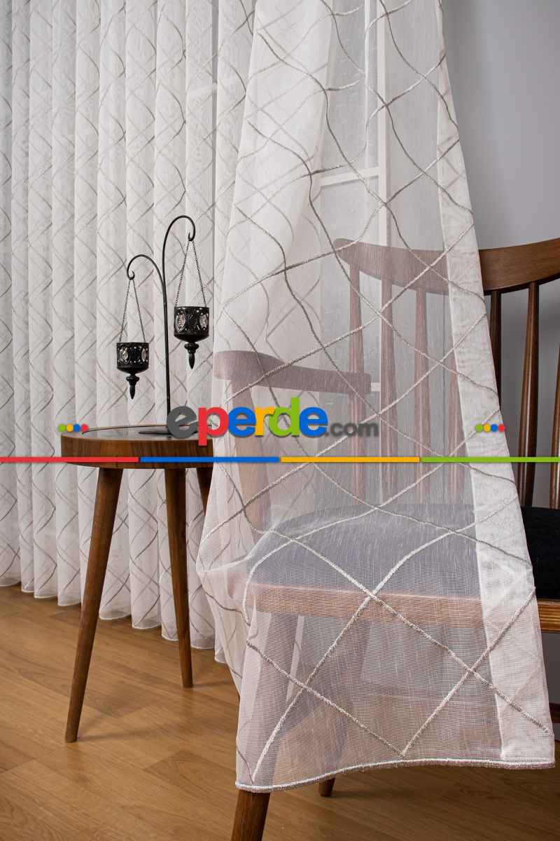 Salon Tül - Geometi Nakış Işlemeli Tül Perde Ekru - Gümüş Simli