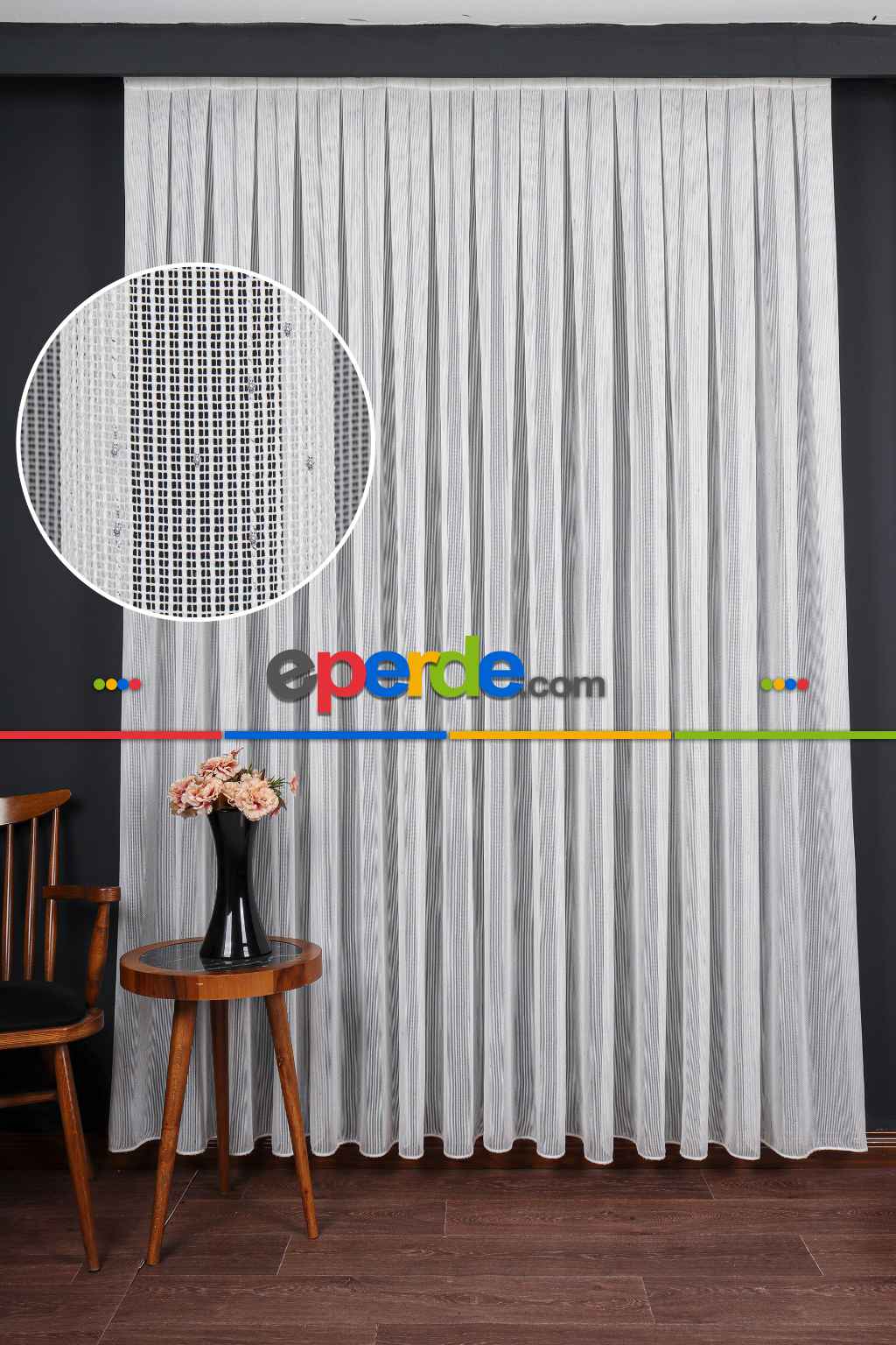 Yumuşak Dokulu Gümüş Damlacık Desenli File tül perde Ütü İstemez