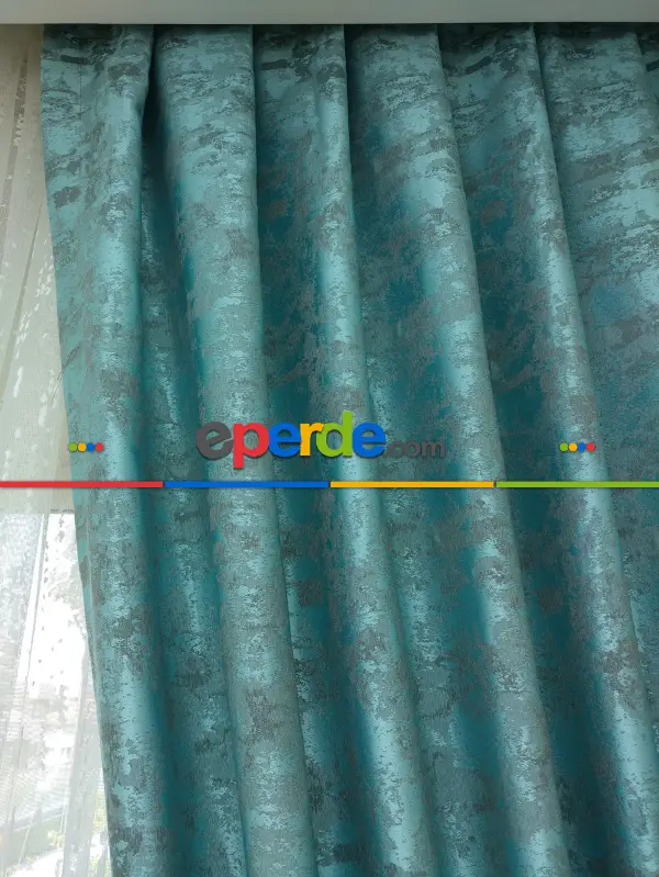 Patine Desenli Turkuaz - Katyonik Jakar Fon Perde- Turkuaz