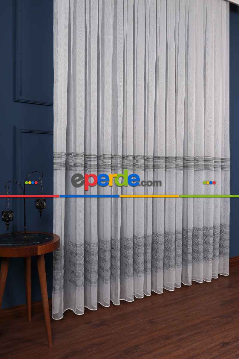 Salon Tül Modelleri - Enine Bantlı Simli Düz Tül Perde Ütü Istemez