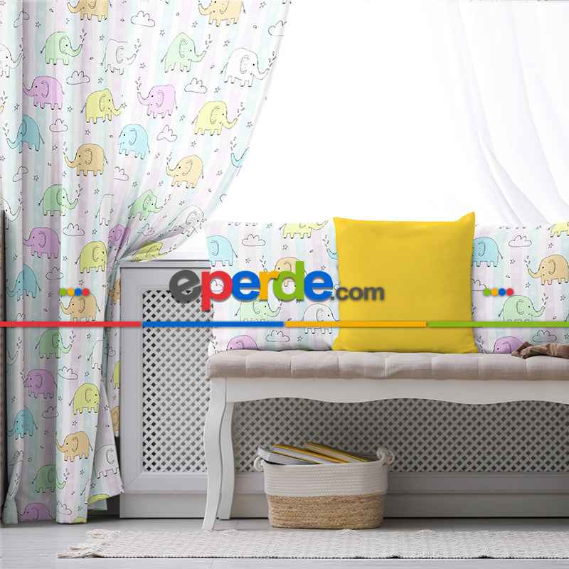 Çocuk Desenli Fon Perde Evim916 Kumaşı Kalındır Duck Bezi Değildir- Mavi-beyaz