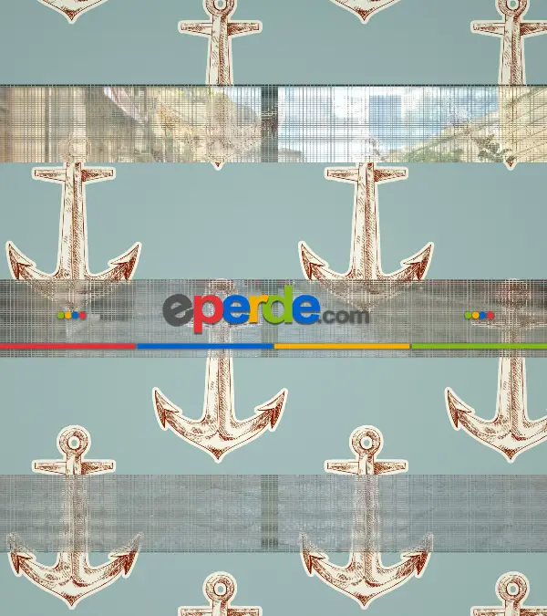 Bebek Odası Zebra Perde - Çapa Desen Baskılı Zebra Perde- Mavi-Kahverengi