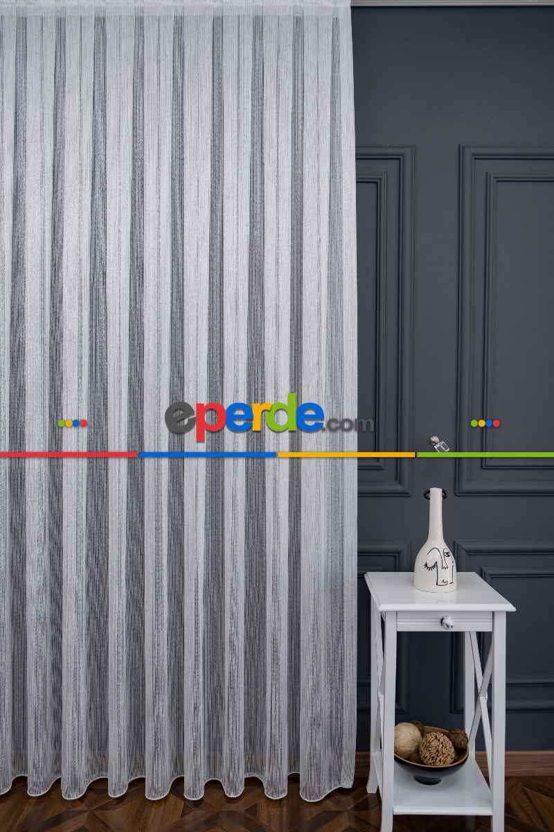 Çizgi Gümüş Simli Çelik Sim Çizgili Pırıltılı Işıltılı Tül Tasarım Perde