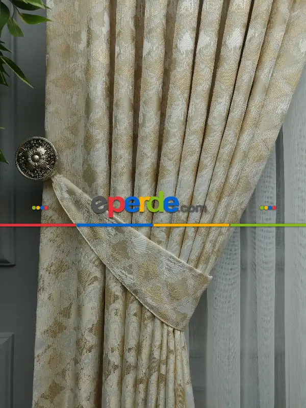 Krem Desenli Jakar Fon Perde (180)- Krem