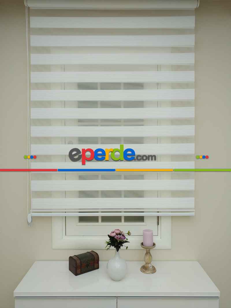 Mutfak - Beyaz Renk Plise Zebra Perde (kalın Zeminli)- Beyaz