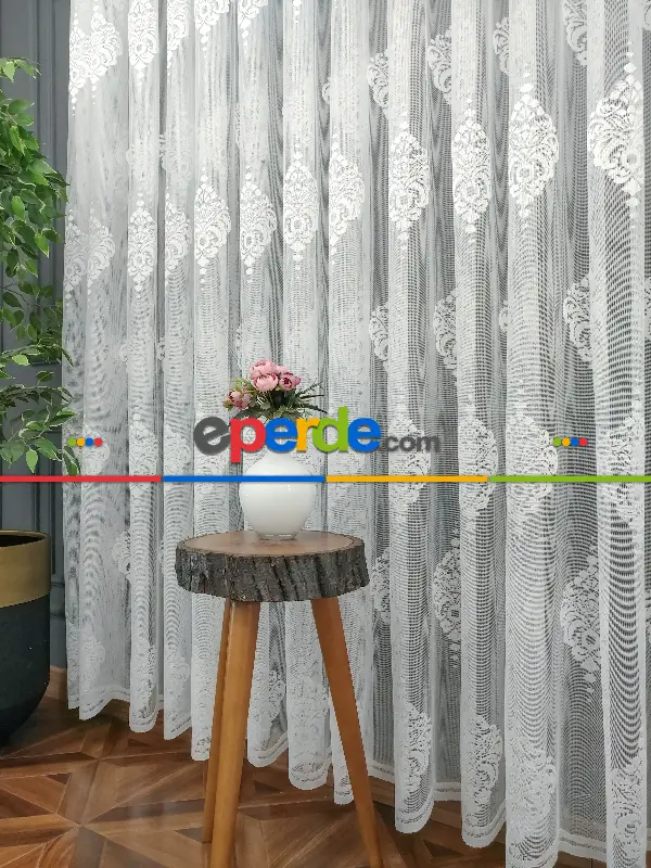 Serpme Damask Desenli Fransız Dantel Tül Perde- Ekru