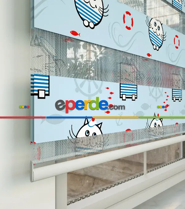 Bebek Odası Zebra Perde - Denizci Kedi Desenli Baskılı Zebra Perde- Çok Renkli