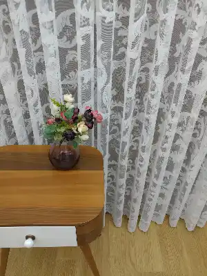 Salon Şal Desenli Örme Kdk Tül Perde- Ekru