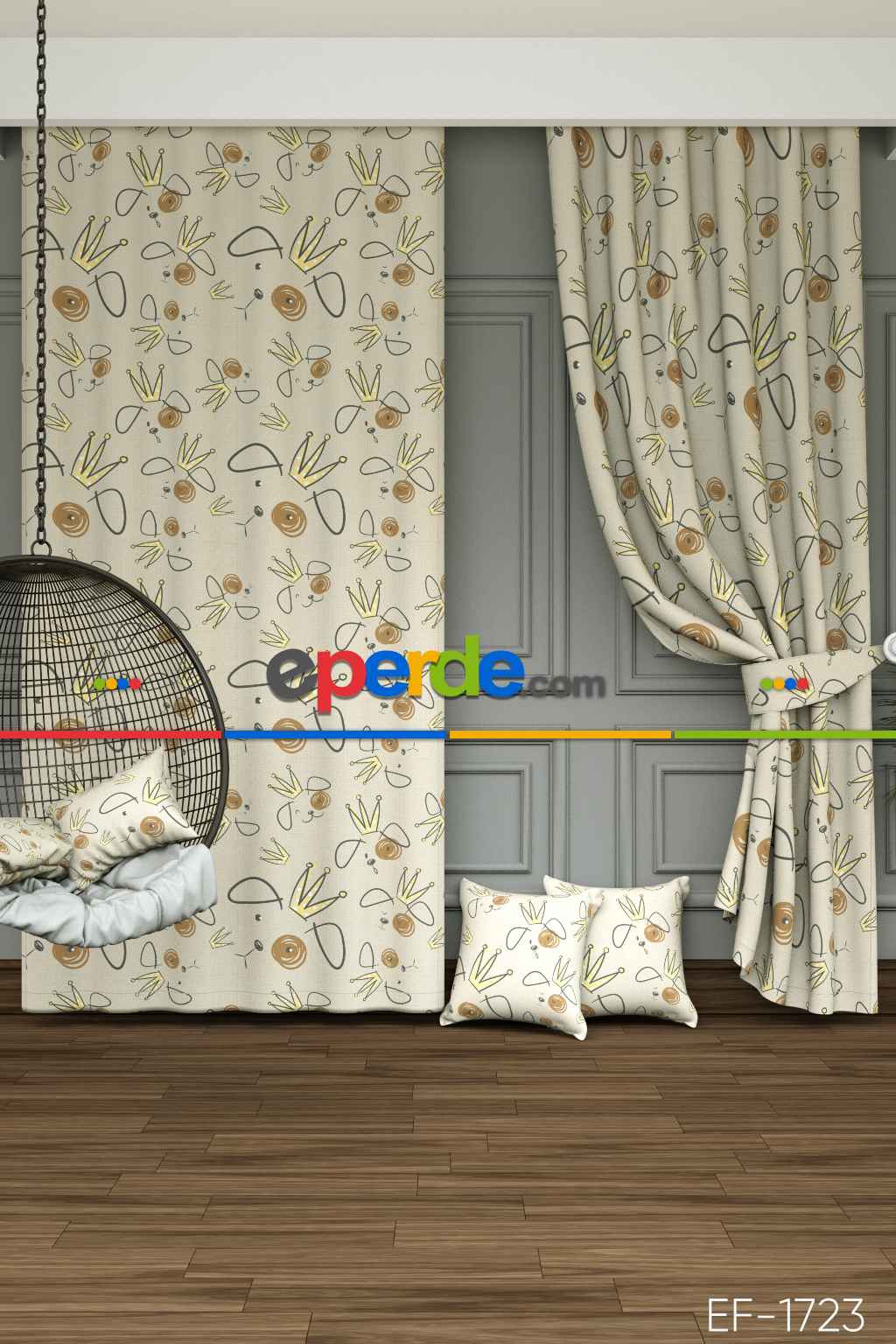 Bebek Odası - Taç Desen Baskılı Fon Perde